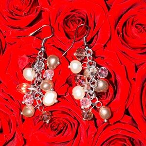Pearl & Crystal Cluster Dangle Earrings Silver Tone Bridal